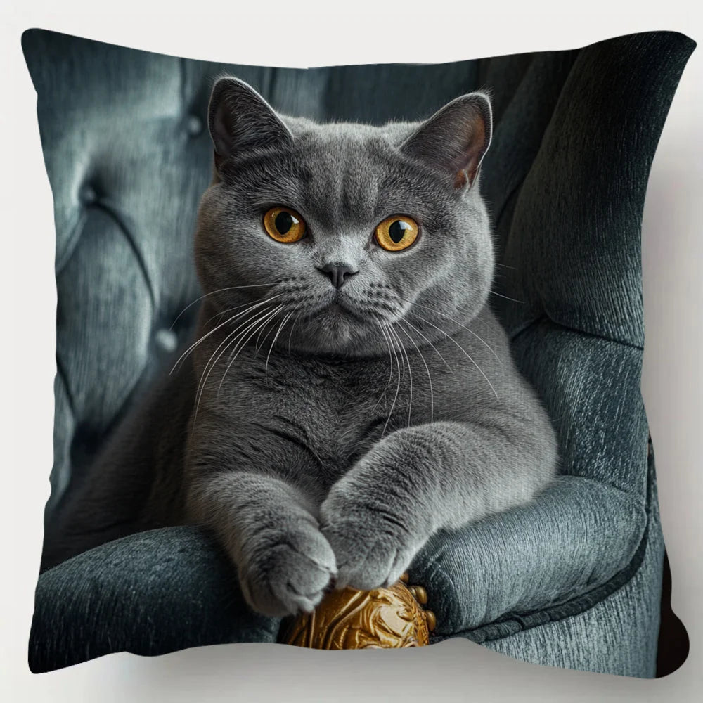 Pillow Case Shorthaired Silvery Grey Cat On Armchair with Phone Throw Pillow Covers Fashion Pillowcase 45x45cm Home Decor