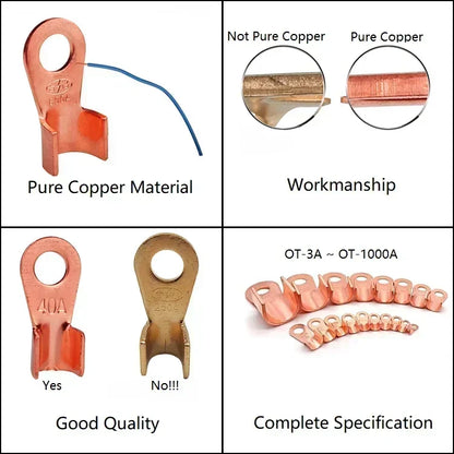 OT Series Wire Terminals 100A 150A 200A 250A 300A 400A 500A Red Copper Bare Nose Lugs Crimp Open Mouth Cable Connector Splice