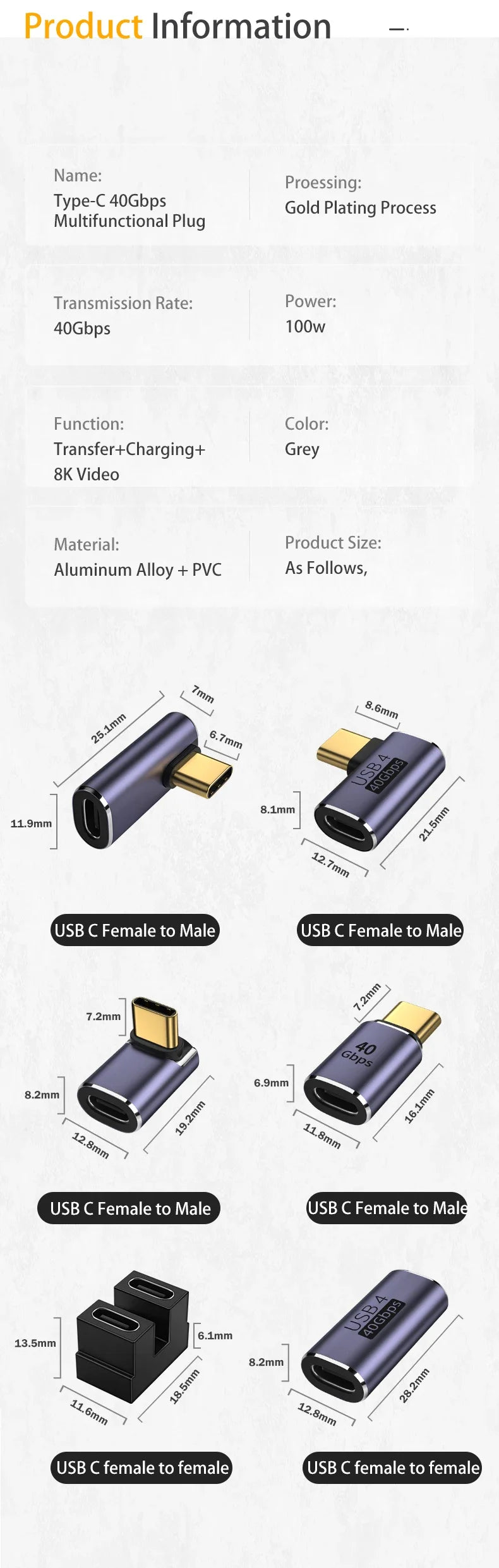 Złącze ładowarki USB 4.0 PD 100W 8K 60Hz do Macbooka 40Gbps Szybki adapter USB-C OTG U-kształtny prosty kąt męski na żeński