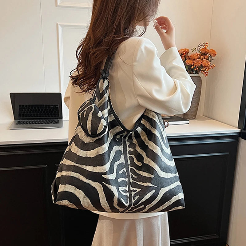 SHELKSBAG Designers Luxury Women Bags 2025 Fashion Zebra Stripes Handbag Large Capacity High Quality Chic Novelty Shoulder Bag