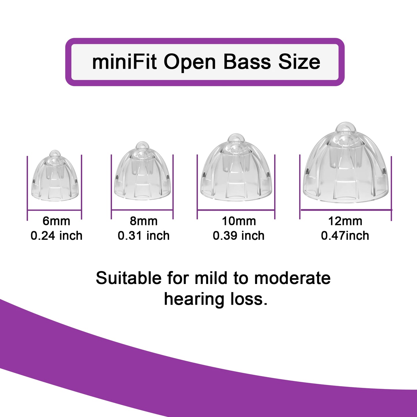 Hearing Aid Domes for Oticon Replacements,Minifit Open Bass Vent Domes(6mm/8mm/10mm/12mm),Universal Domes for Oticon Hearing Aid
