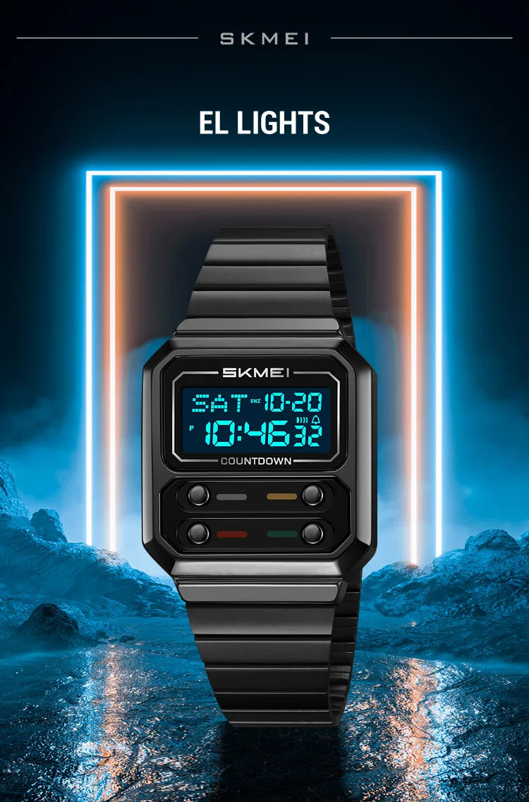 SKMEI 2448 Fashion Men Electronic Watch Vintage Business Luminous Calendar Waterproof Steel Strap Casual Digital Watches for Man