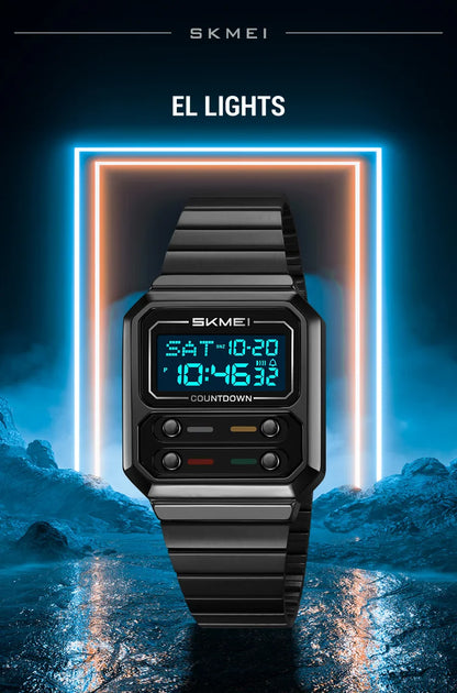 SKMEI 2448 Fashion Men Electronic Watch Vintage Business Luminous Calendar Waterproof Steel Strap Casual Digital Watches for Man