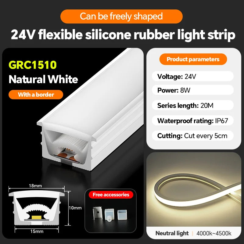 LED flexible silicone light strip embedded 24V waterproof tubing linear lamp concealed installation flexible soft light strip