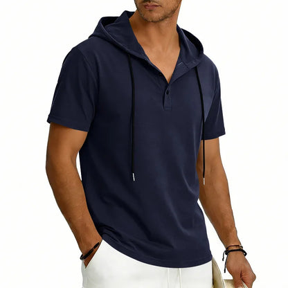 Summer Men's Short Sleeve Hooded T-Shirt Henry Neckline Drawstring Design Casual Loose Breathable Sporty Vest