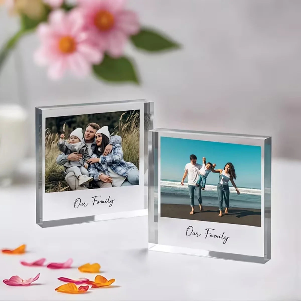 A Custom Acrylic Desktop Decoration with Personalized Photo Options, Including Artistic Images, Couple Portraits, and Family Pho