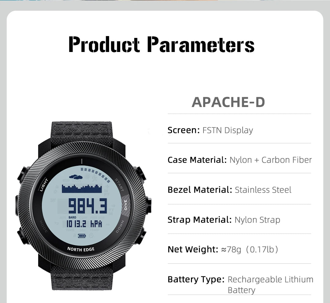 NORTH EDGE 2025 APACHE-D Smart Watch Free Dive Watch Sports Digital Watch Altimeter Barometer Compass World Time Waterproof 100M