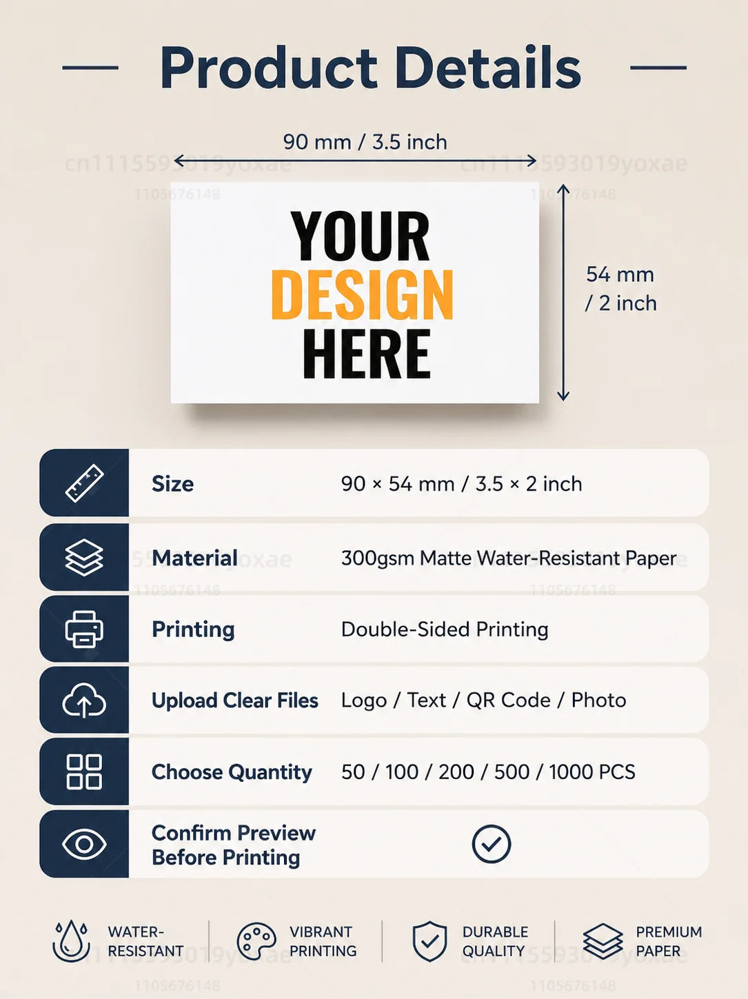 Custom Business Cards 50-1000PCS Personalized Double Sided Full Color Printing 300GSM Matte Paper Professional Name Cards