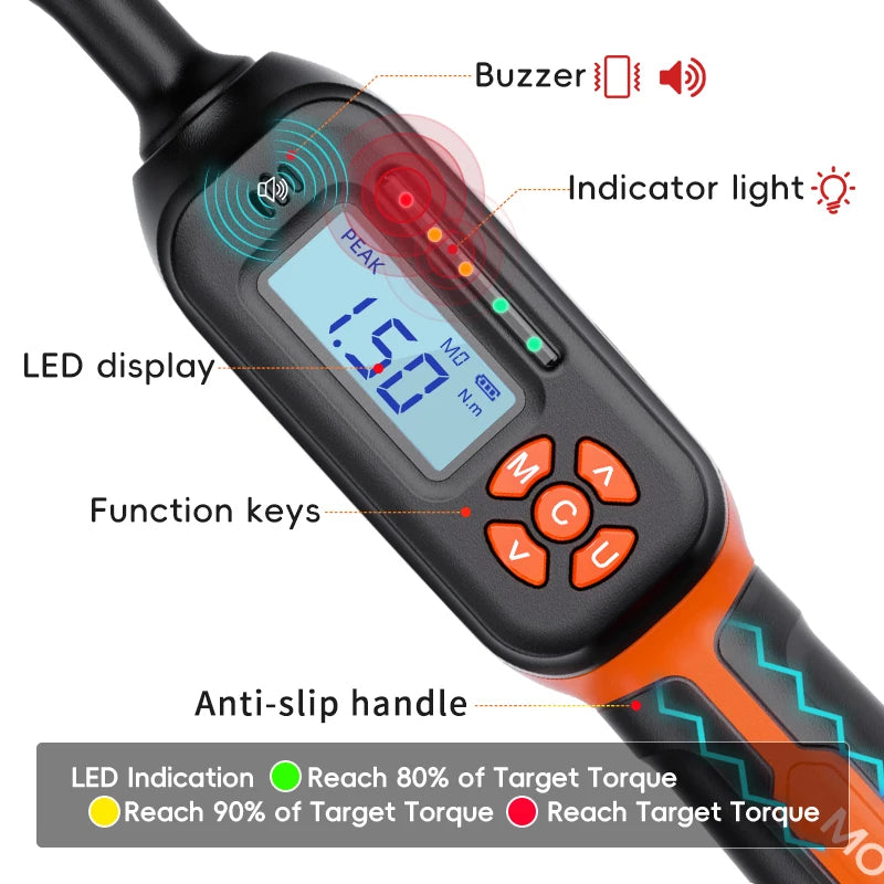 MOVECRAB Series Digital Torque Wrench 1.5-340N.m 2% Accuracy Preset Values with Buzzer, LED Flash & HandleVibration Notification