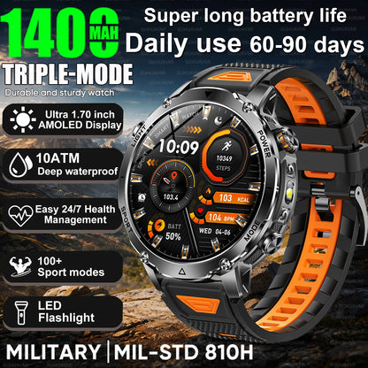 2026 Nowy Wojskowy CZOŁG Smartwatch Połączenia Bluetooth Wodoodporność 10ATM Bateria 1400mAh Monitorowanie Tętna Zegarek Sportowy Outdoor Męski
