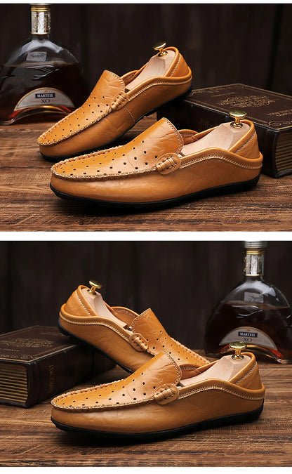 Men's Driving Shoes Large Size Loafers Hollow out Casual Bean Bean Shoes Leather Slip-On Footwear for Men