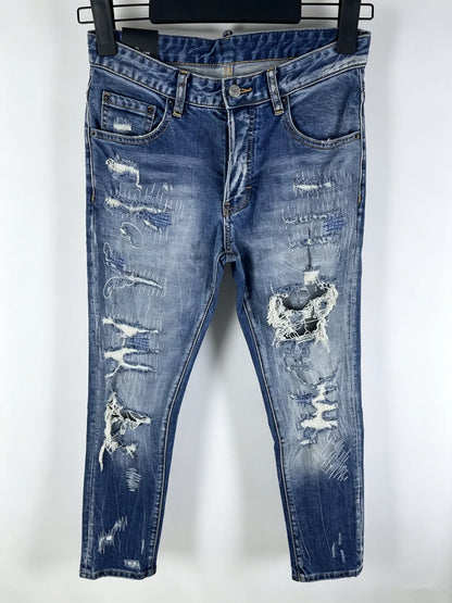 6057 Four Seasons New Men's Wear Washed Ripped Patch Paint Slim-fit Feet Blue Jeans for Men