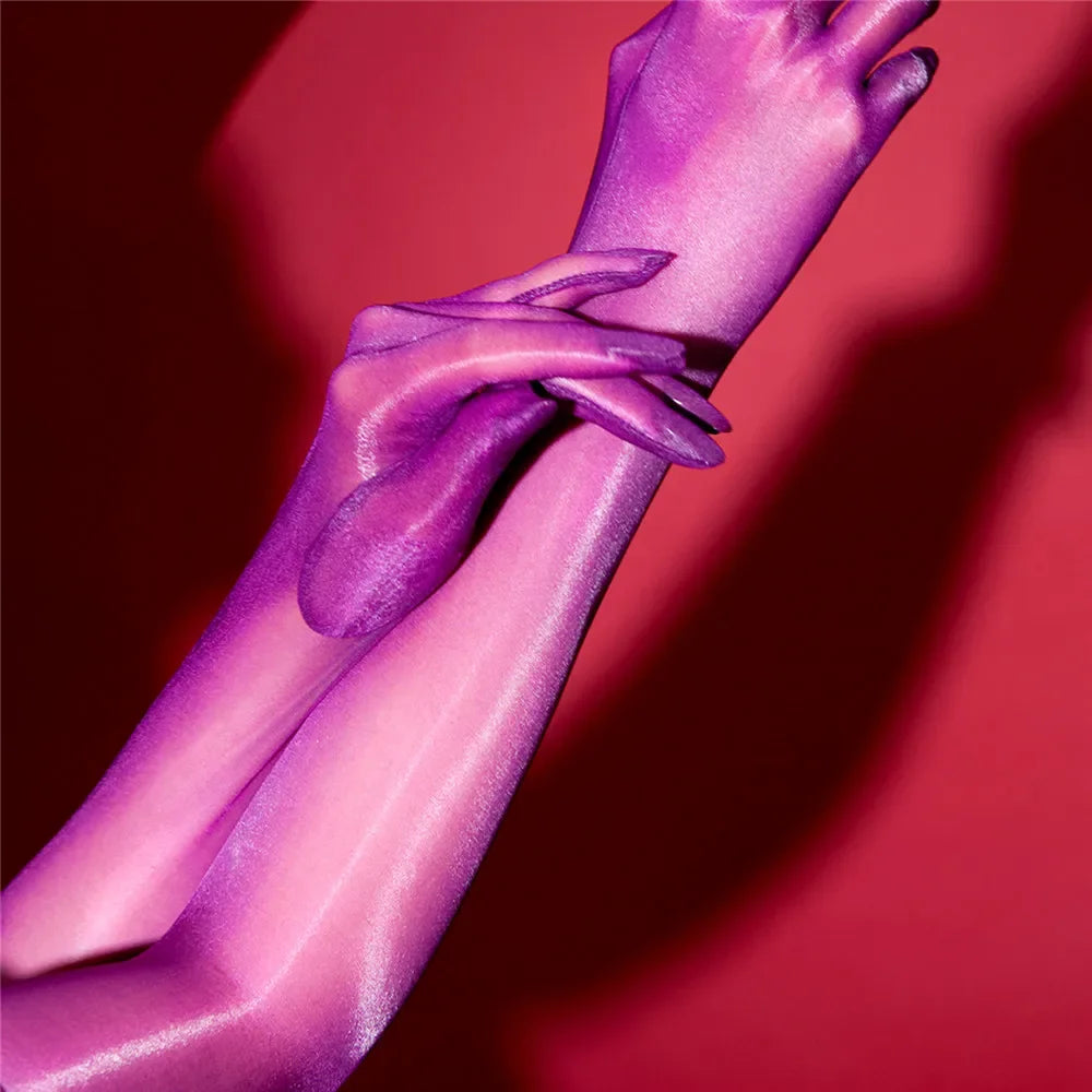 Sexy Women 1D Thin Glove Elastic Oil Glossy Shiny Long Finger Glove Sheer See Through Long Glove Driving Dance Gloves