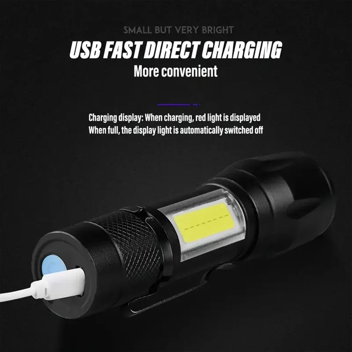 LED+COB Portable Flashlight Zoomable Small Torch USB Rechargeable Outdoor Camping Fishing Long Range Camping Emergency Lantern