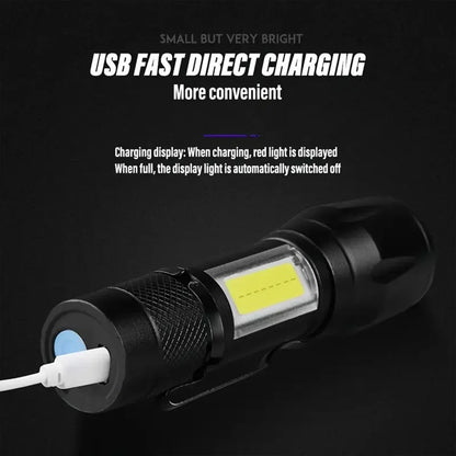 LED+COB Portable Flashlight Zoomable Small Torch USB Rechargeable Outdoor Camping Fishing Long Range Camping Emergency Lantern