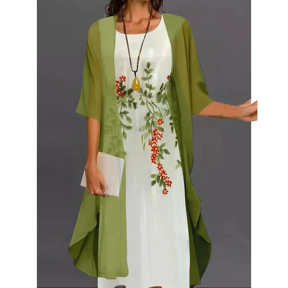 2026 Europe and the United States summer women's casual dress two-piece floral print round collar repair maxi