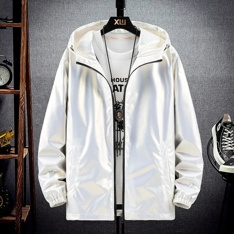 KIDWHXR Autumn Bright Surface Hooded Jackets Man Long Sleeve Zipper Male Coat Windproof Outdoor Sport Casual Men Outerwear