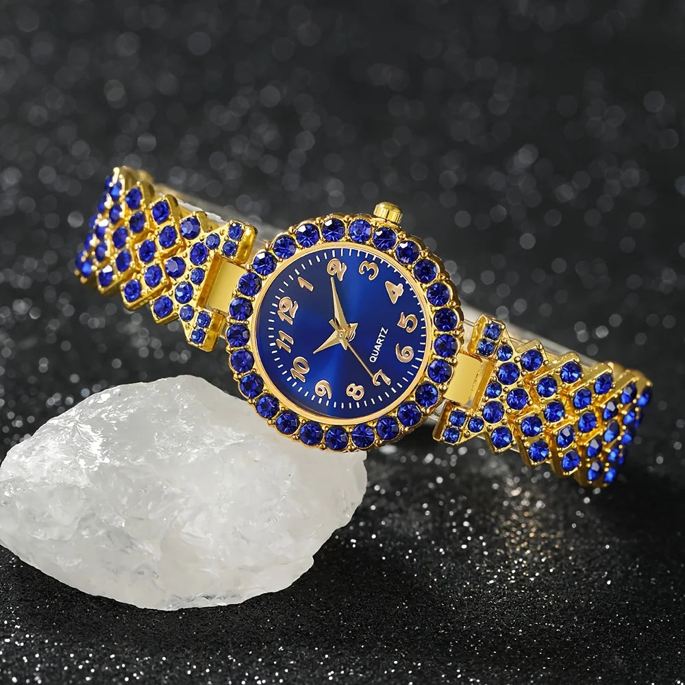 A fashionable women's quartz watch set, consisting of a 6-piece alloy round case timetable, earrings, necklace, and ring set,
