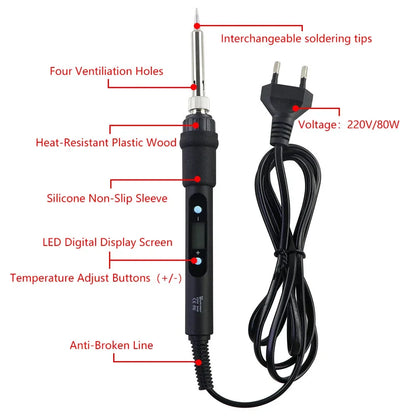 60W 80W Electric Soldering Iron LCD Digital Display Adjustable Temperature Welding Repair Tools 220V / 110V Solder Wire Tips