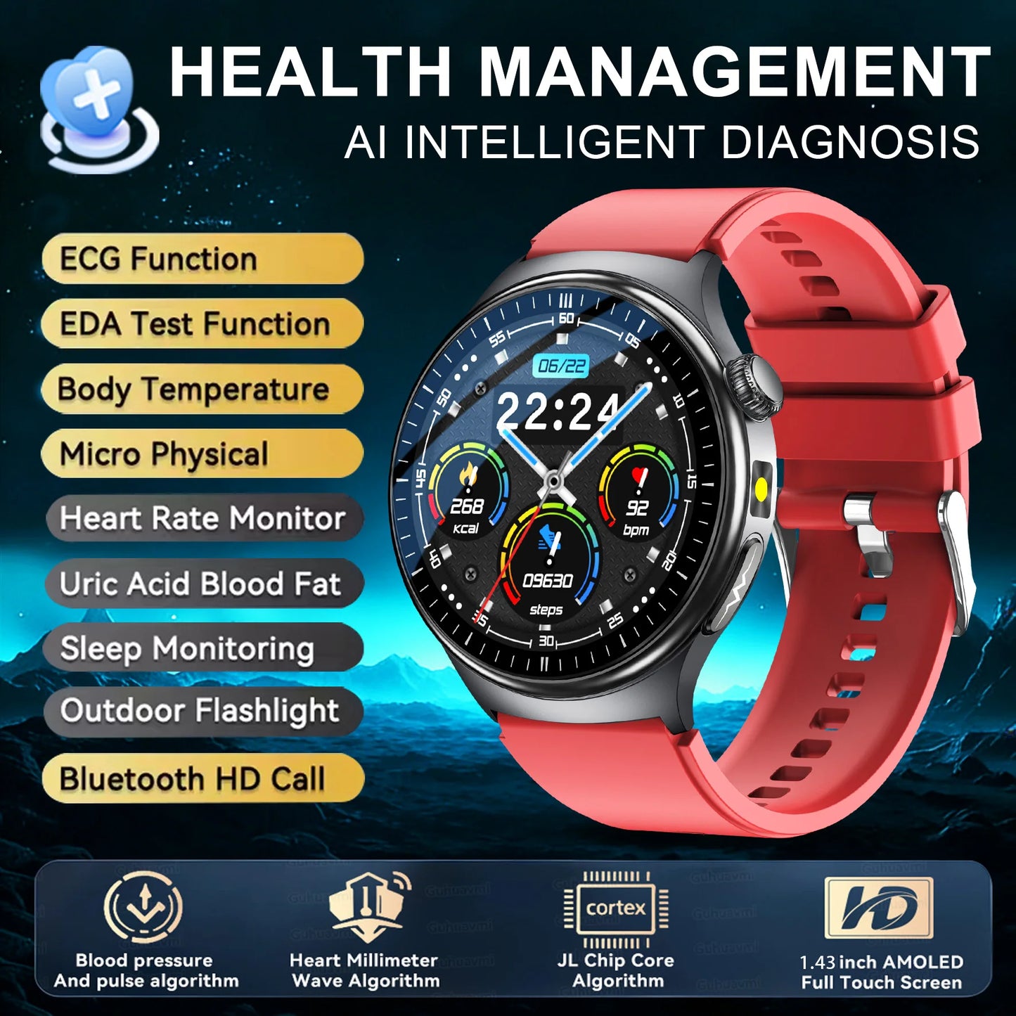 2026New Nursing Grade Health Smartwatches For Men Women Precision Detection Heart Rate Blood Fats Uric Acid ECG+PPG Smart Watch