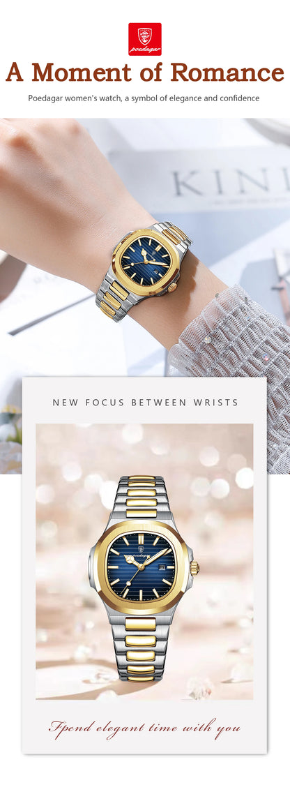 POEDAGAR Fashion Square Watches For Woman Waterproof Luminous Date Ladies Watch Stainless Steel Luxury Quartz Women's Wristwatch