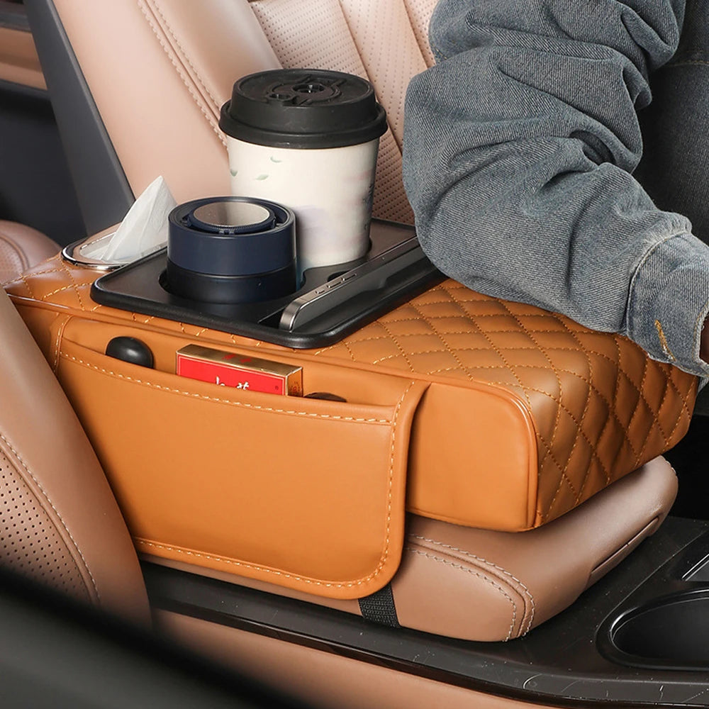 Car Armrest Box Multifunctional Thicken Height Pad Arm Rest Cushion with Pocket Tissue Cup Holder PU Elbow Support Height Pad