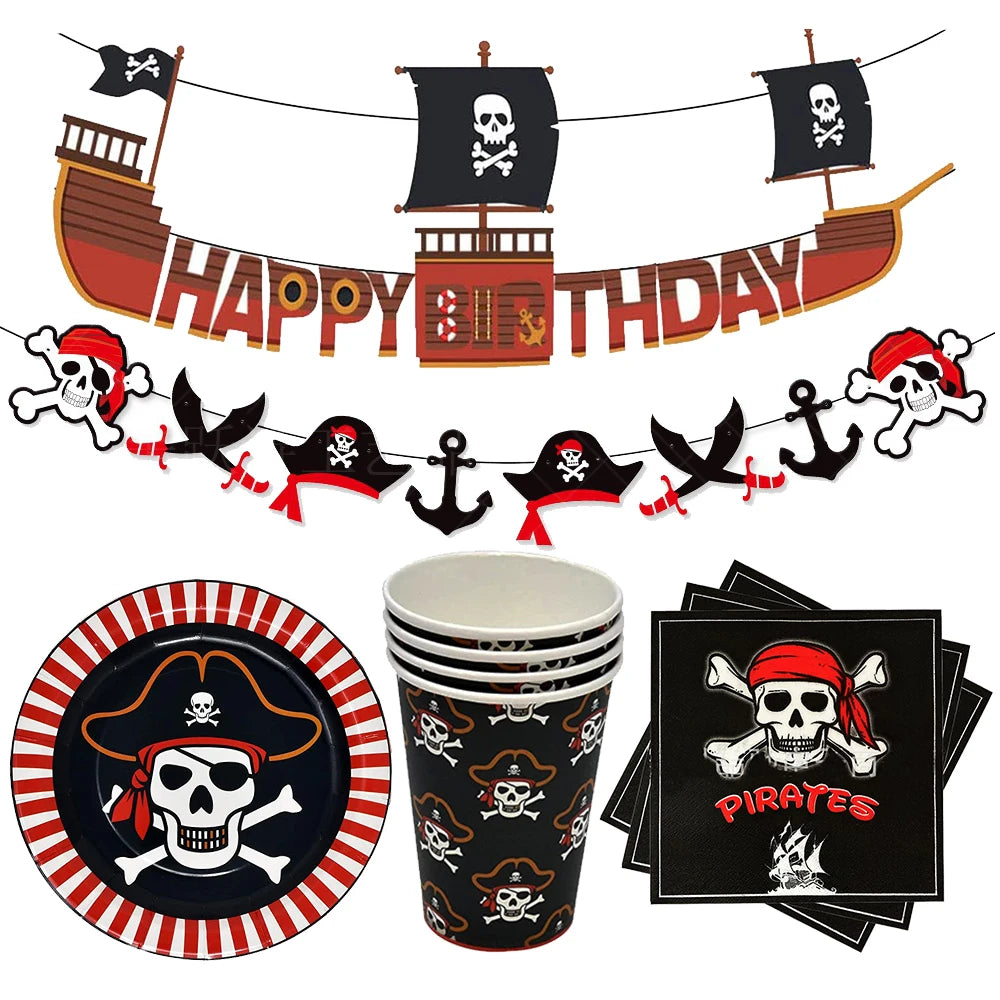 Pirate party napkins plates cups Tablecloths Banner Pirate skull balloon kids Caribbean Pirate themed birthday party decoration