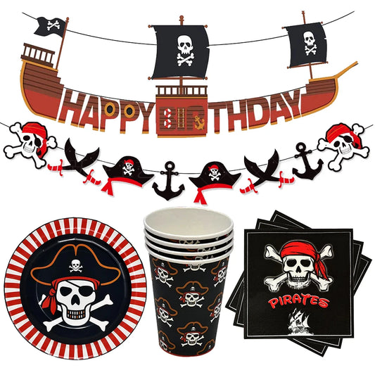 Pirate party napkins plates cups Tablecloths Banner Pirate skull balloon kids Caribbean Pirate themed birthday party decoration