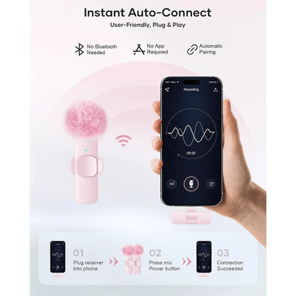 Mini Wireless Lavalier Microphone with Noise Reduction for iPhone iPad Android Video Vlog - Portable Wireless Mic