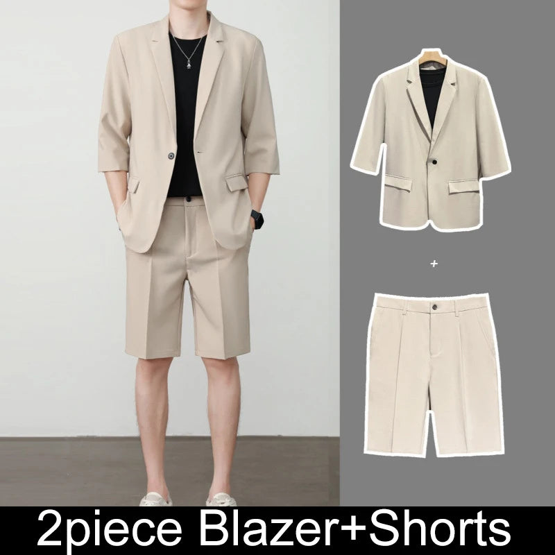 KIDWHXR Summer Men Outfit Thin Breathable Solid Color Male 2-piece Suit Set Loose Business Casual Man Short Sleeve Suits