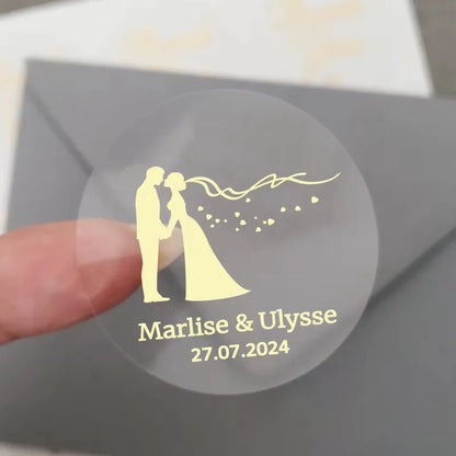 50pcs Custom Transparent Wedding Stickers, Square Transparent Stickers, Personalized Wedding Stickers with Gold Foil Labels