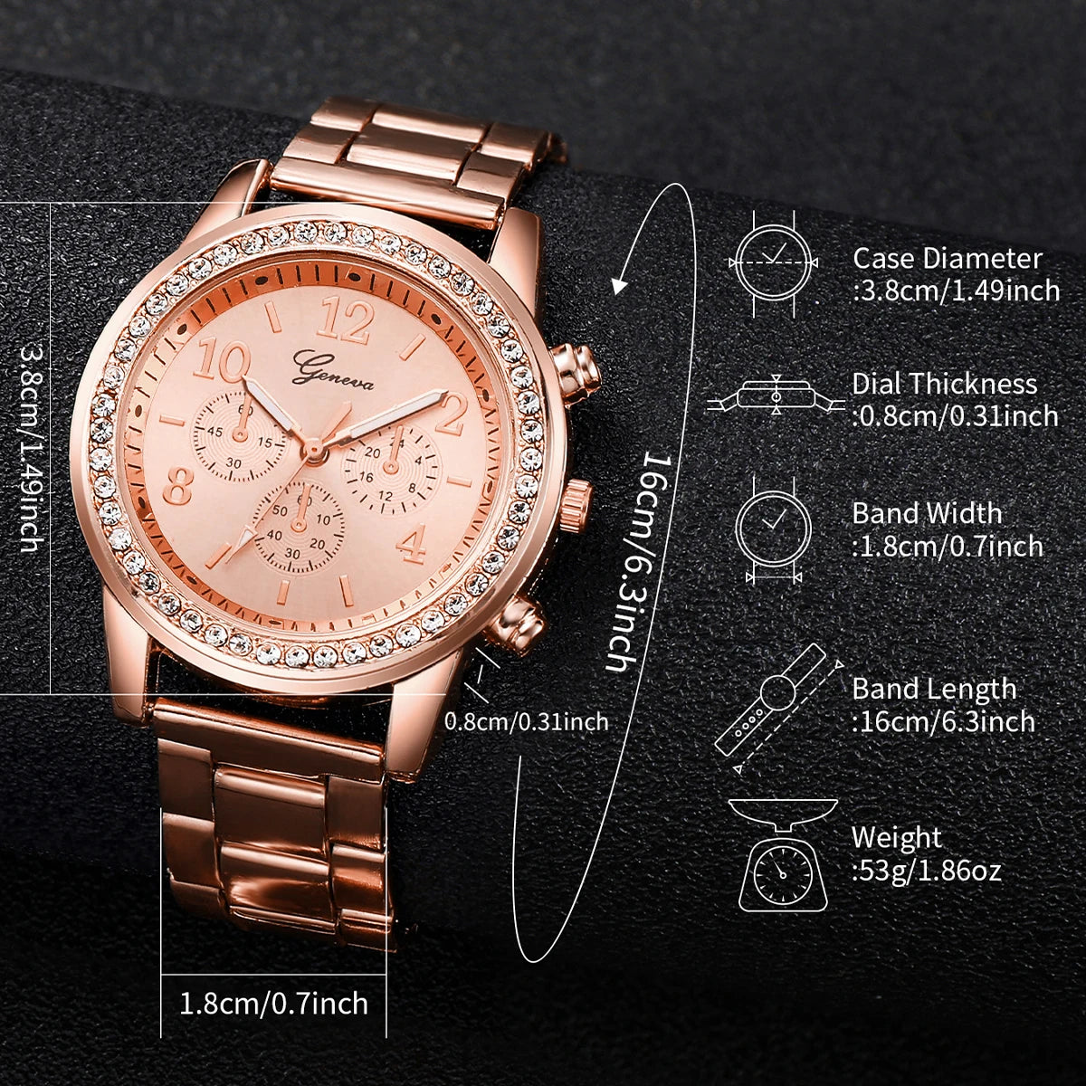 6PCS/Set Women's Watch Fashion Rhinestone Stainless Steel Band Quartz Watch Double Heart Jewelry Set（Without Box）