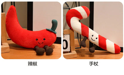 Christmas Bell Pepper and Candy Cane Plush Toy Fun Simulation Chili Peppers and Candy Canes Stuffed Doll Holiday Decor Xmas Gift