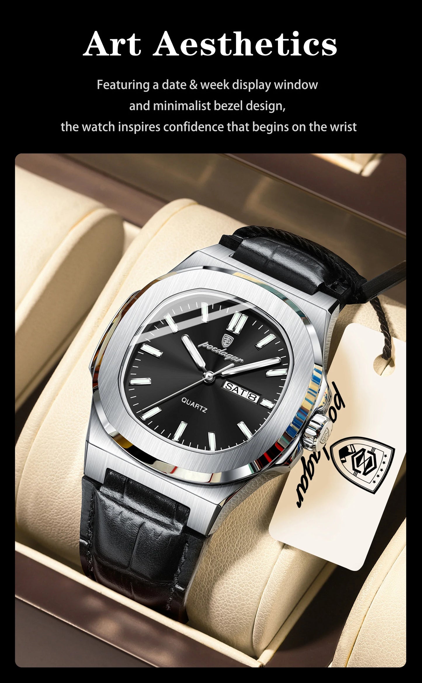 POEDAGAR Fashion Wristwatch For Boyfriend Luminous Waterproof Week Calendar Business Couple Watches Leather Luxury Men's Watches
