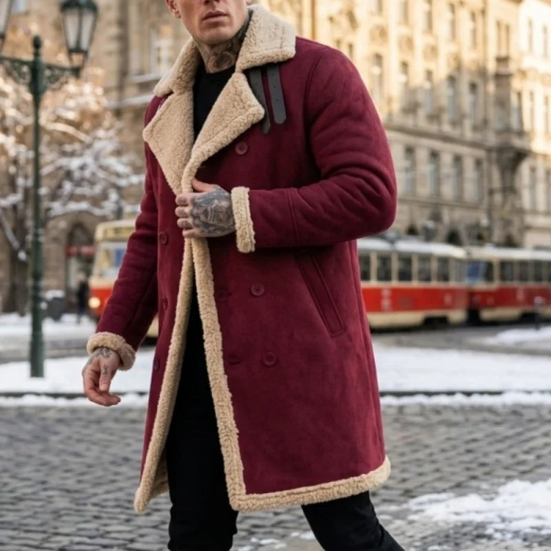 New Arrival Men’s Winter Jacket Windproof Fleece-Lined Mid-Length Faux Suede Coat with Faux Fur Lining Men’s Winter Coat