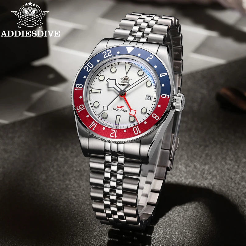 ADDIESDIVE Hot Sale GMT Movement Quartz Watch Stainless Steel Super Luminous 200M Diver Watches For Men AD2044 Relogio Masculino