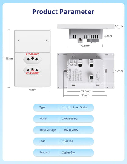Zemismart Zigbee Brazil Outlet 10A 20A Brazilian Socket Work with Tuya Smart life Google Home Smartthings Homekit Control via M6