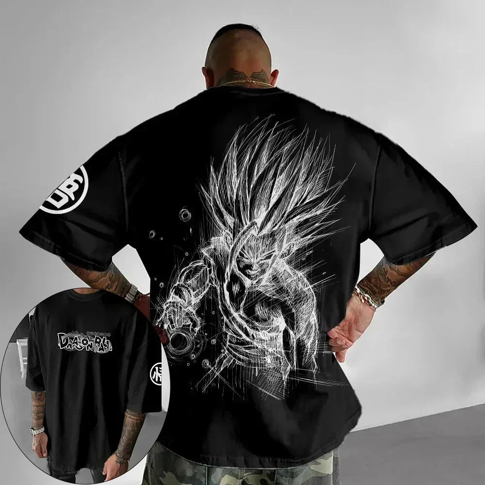 2026 Summer Dragon Ball Oversized T-shirt High Quality 100% Cotton Kid Goku with Power Pole Line Art Print UnisexCasual Y2K