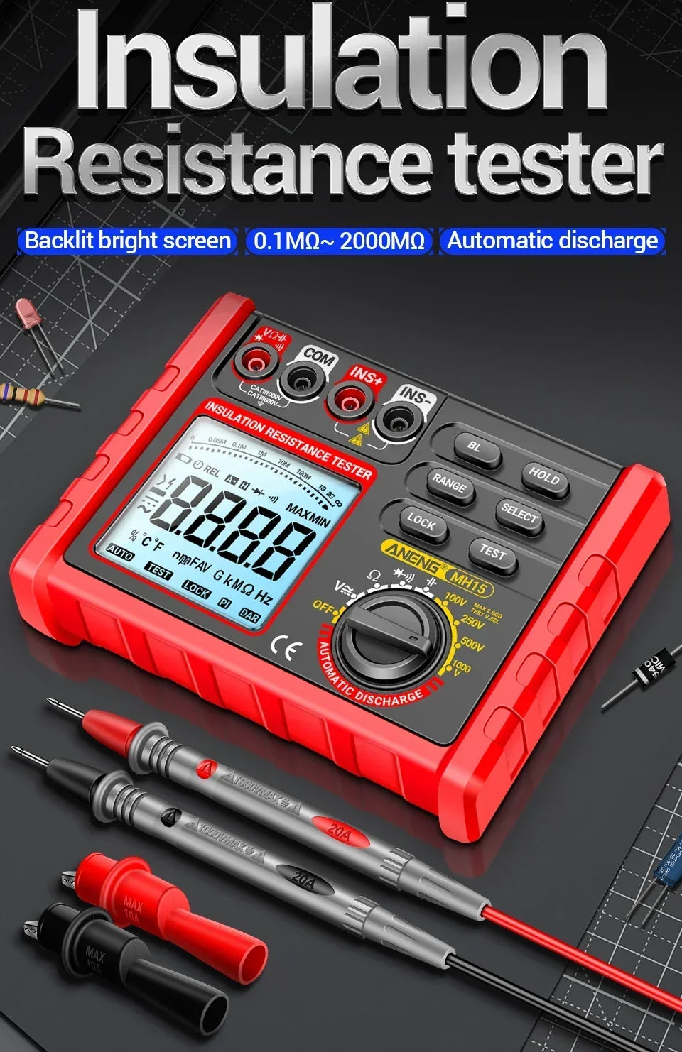 ANENG MH15 Digital Megohmmeter 1000V High Voltage Insulation Test 2000MΩ High Resistance Measurement Electrical Testing Artifact