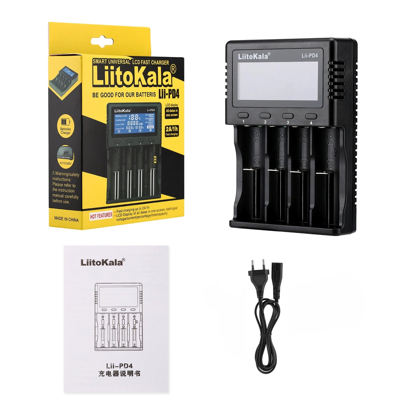 Ładowarka sieciowa LiitoKala Lii-PD4/PD2 LCD, szybkie ładowanie, 4/2 gniazda na akumulatory 21700/18650/AA/AAA, wielokrotne zabezpieczenia, automatyczne wykrywanie