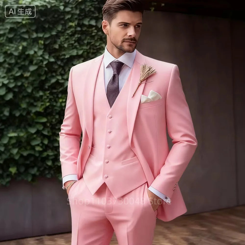 Luxury Solid 3-Piece Men's Tuxedo Suits Slim Fit Peak Lapel Blazer Vest And Pants Set for Prom Wedding Business Men Clothes