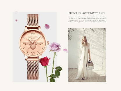 Hannah Martin 2023 New Women Luxury Watch Rose Gold 31mm Classic Casual Girl Dress Watch Bracelet Set 3D Engraved Bee Dial Clock