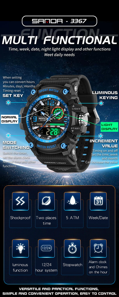 SANDA 3367 Men's Electronic Watch Large Dial Multi Functional Outdoor Waterproof Student Sports Electronic Watch