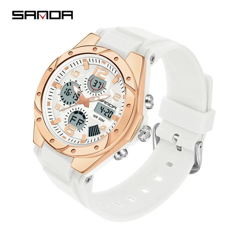 SANDA Luxury Ms LED Digital Sport Watch Fashion Casual Gold Wrist Watch Women Girl Military Waterproof Quartz Wristwatches 6062
