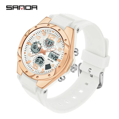 SANDA Luxury Ms LED Digital Sport Watch Fashion Casual Gold Wrist Watch Women Girl Military Waterproof Quartz Wristwatches 6062