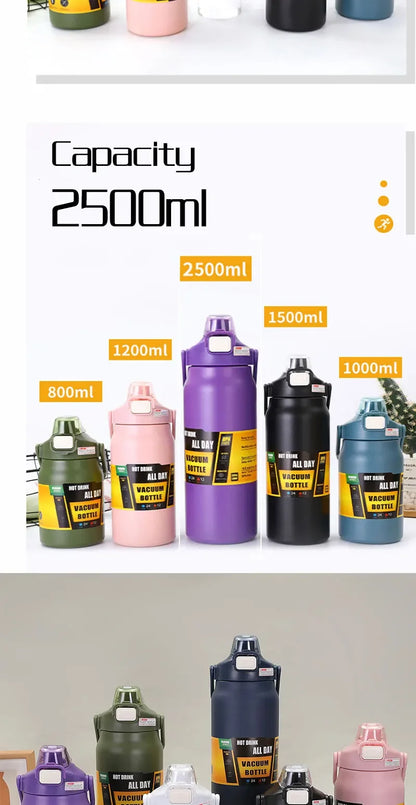 Stainless Steel Vacuum Bottle Large Capacity 1.2L/1.5L Insulated Thermo Water Flask Dual Use Lids Direct Straw Sport Gym Tumbler