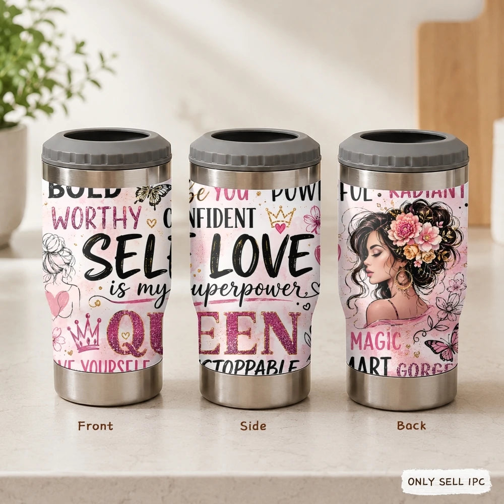COOL Woman Motivational Vacuum Flasks 4-in-1 Stainless Steel Can Cooler Insulated Beer Soda Coffee Holder Dual Lids Fits 12oz