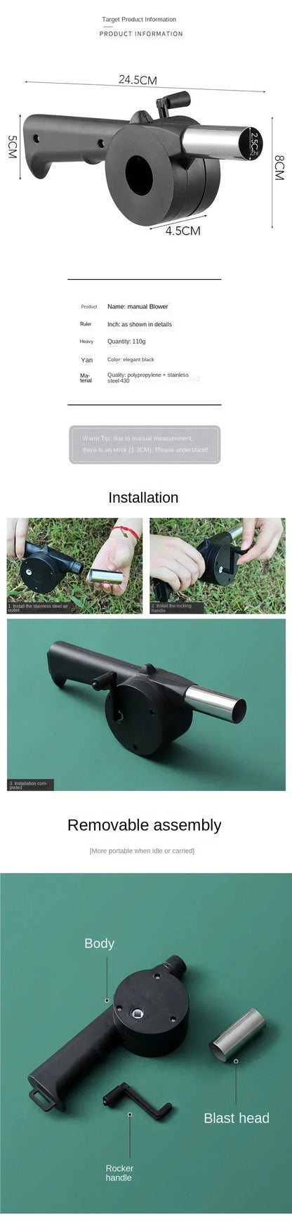 BBQ Fan Air Blower Fast Fire Starter Portable Manual Hand Crank for Outdoor Picnic Camping Cooking Barbecue Charcoal Grills Stov