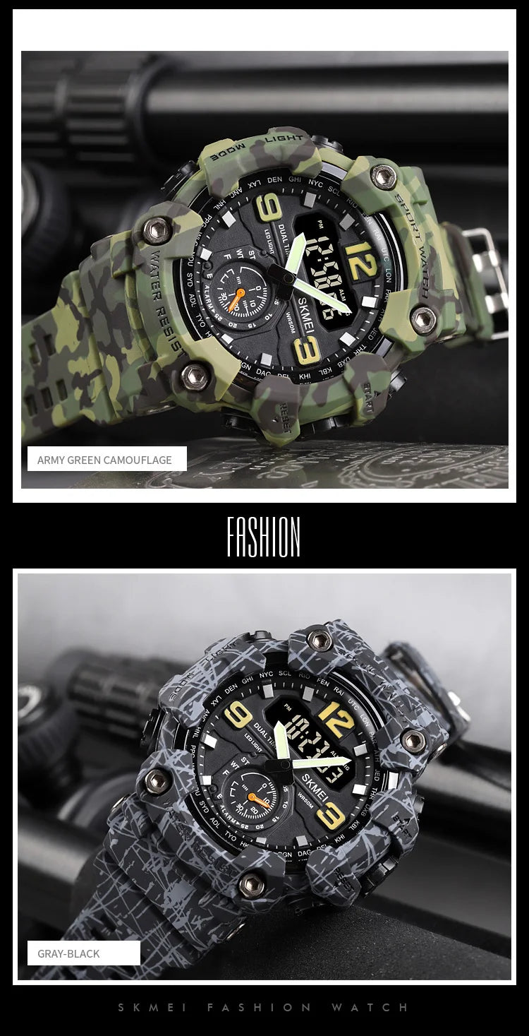 Skmei Dual Movement 3 Time Sport Wristwatch Mens Waterproof Electronic Watches Montre Homme Shockproof Digital Men Watch 1637