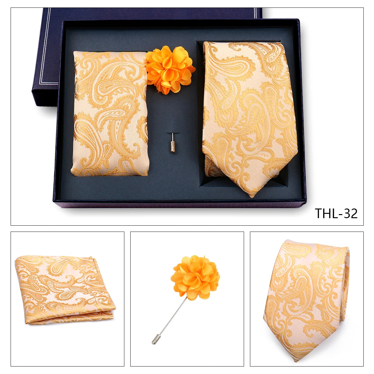 Elegant Ties For Men Classic Paisly Neck Tie Pocket Square Brooch Set With Gift Box Mens Business Wedding Suit Accessories